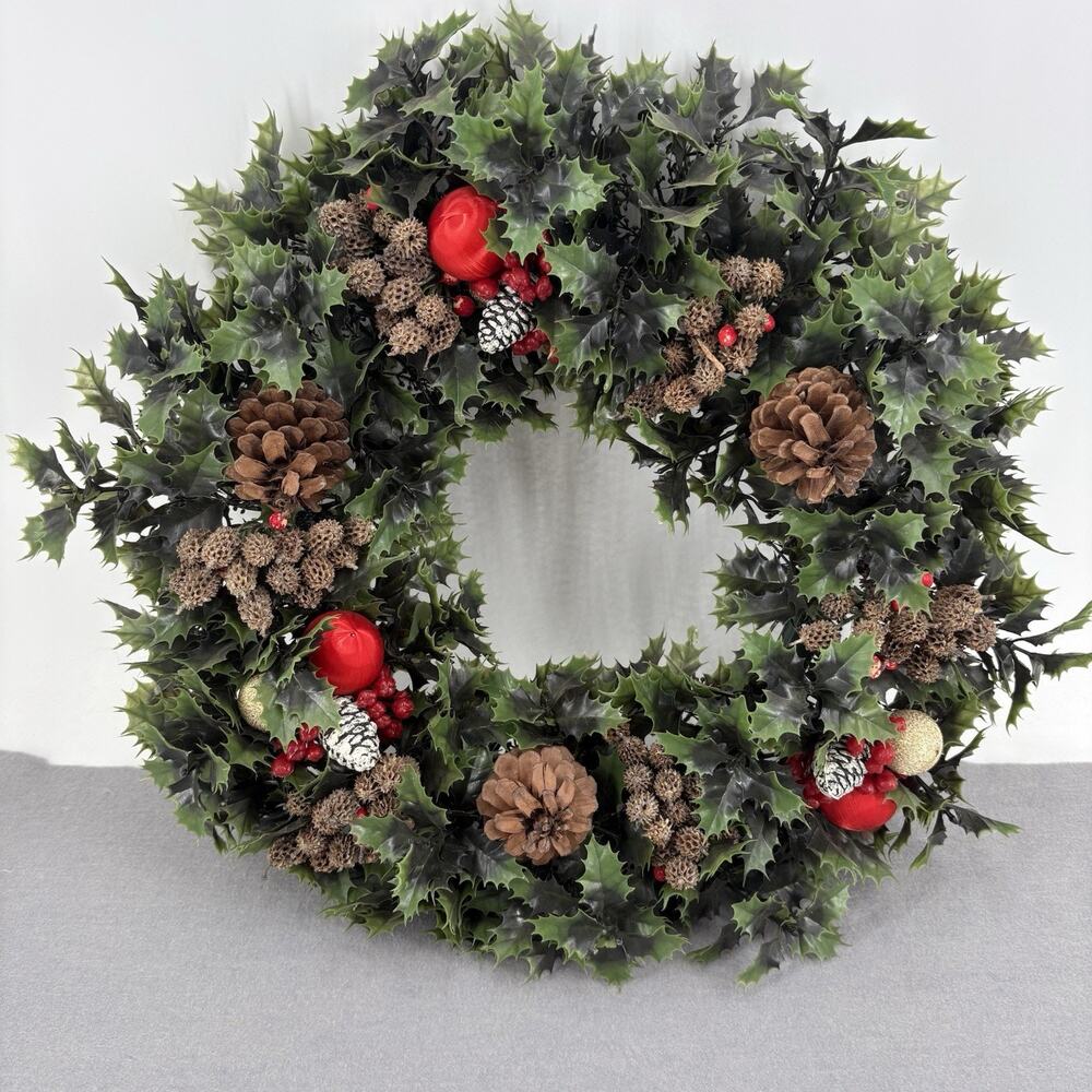 Vintage Holiday Christmas Door Wreath Plastic Evergreen Leaves Holly Berries MCM